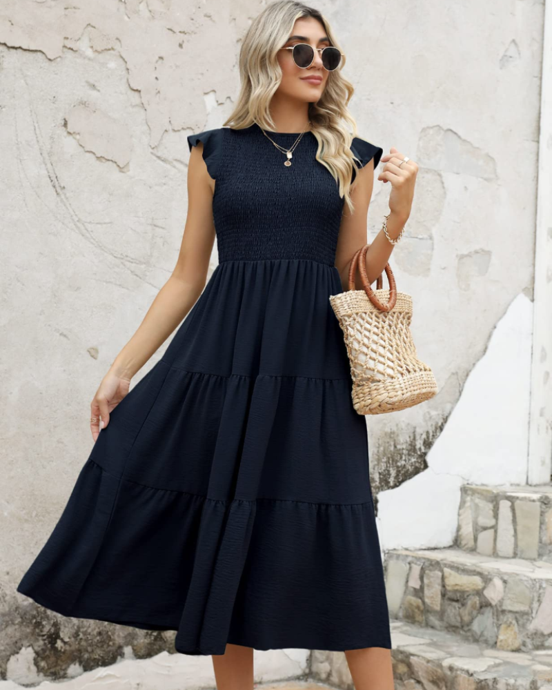 Rochie Plinky pentru femei – Rochie de vară cu volane, talie elastică, croială în A, lungime medie