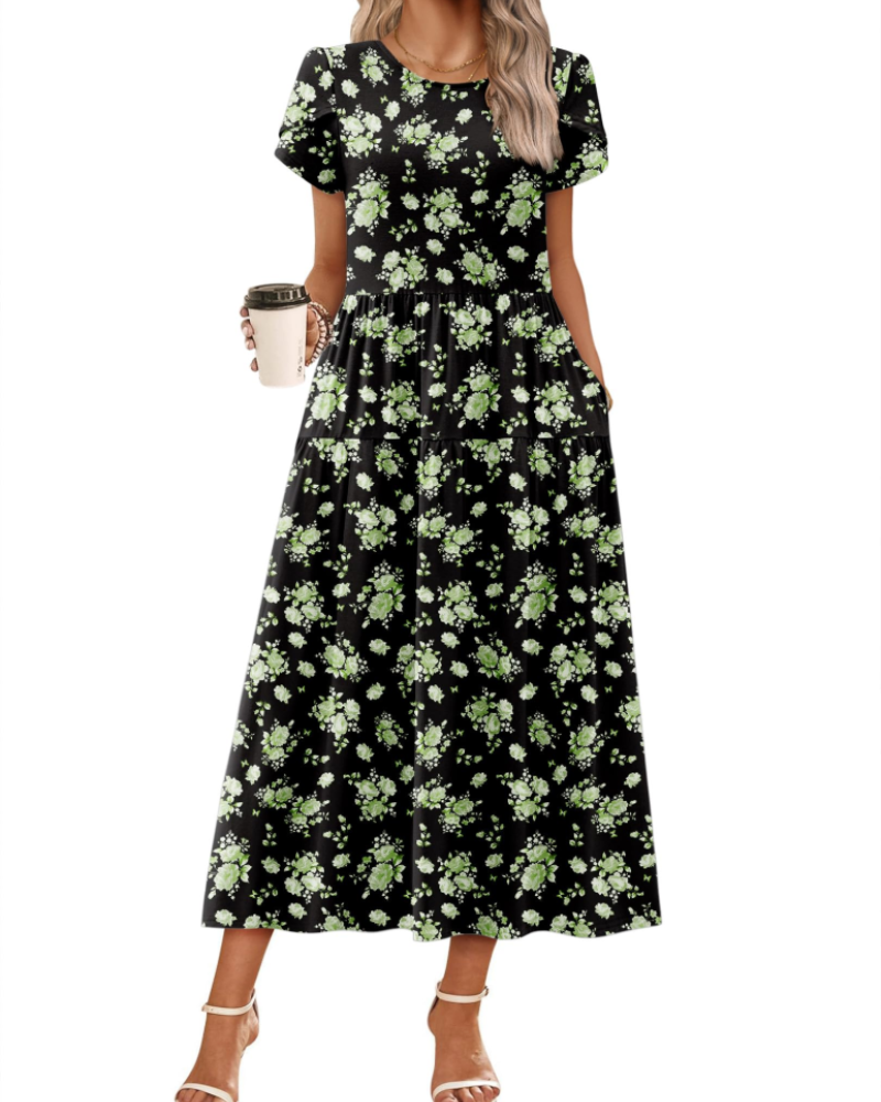Nélyane Robe Maxi Femme – Robe Fluide Trapèze à Taille Haute avec Poches
