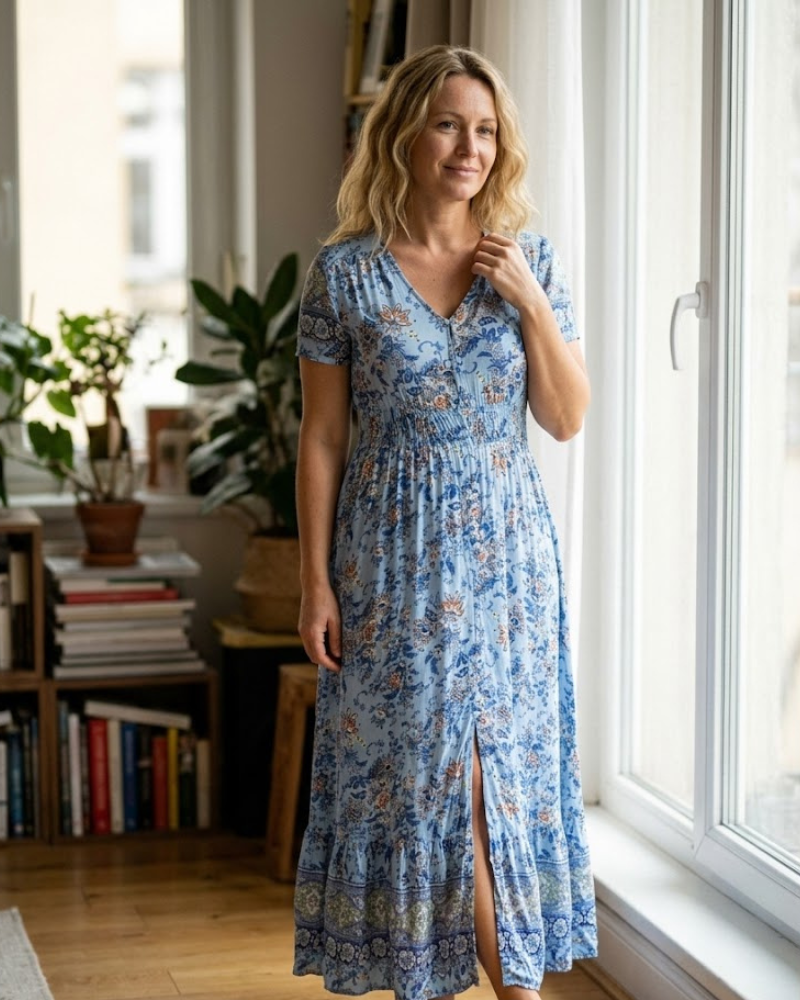 Vernelie Abito Maxi Donna – Abito Floreale Bottonato, Taglio Fluido e Stile Romantico