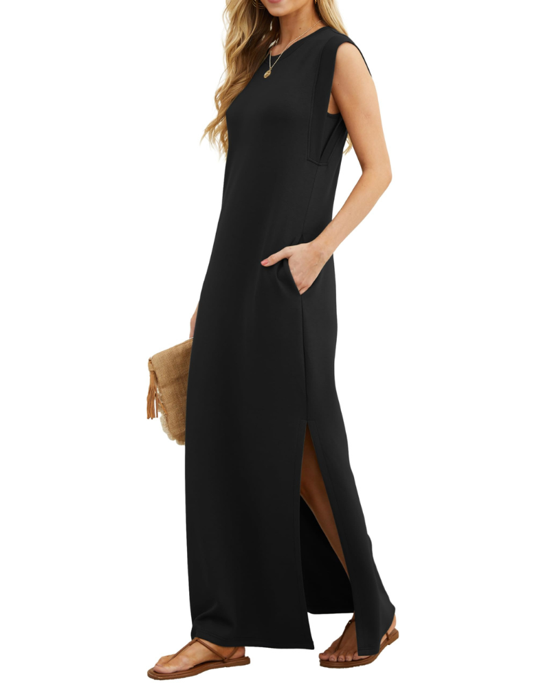 Vestito lungo estivo da donna Erin – senza maniche, collo tondo, spacco e tasche