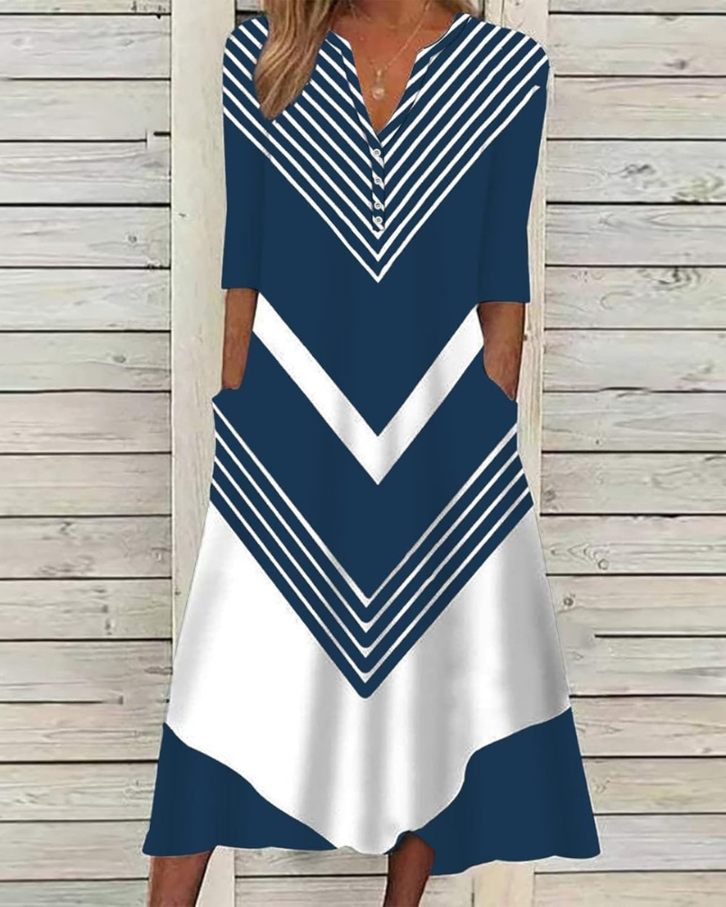 Rochie midi de damă Jerlie cu flori – decolteu în V cu nasturi, mâneci scurte, buzunare, vară