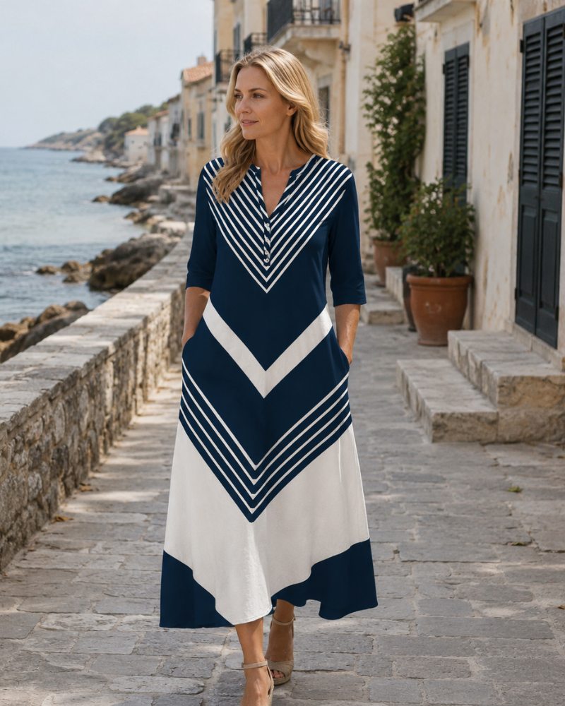 Rochie midi de damă Jerlie cu flori – decolteu în V cu nasturi, mâneci scurte, buzunare, vară