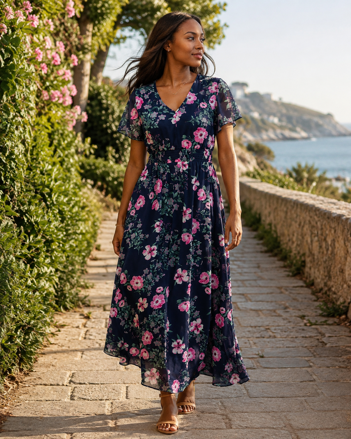 Éléonore Vestido Floral de Mujer – Vestido Largo Bohemio de Gasa con Escote en V y Manga Corta