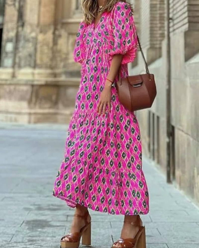 Ρόμπα Rina Boho Femme – Φλοράλ Σχέδιο, V Λαιμόκοψη & Αέρινες Φουσκωτές Μανίκες Καλοκαίρι