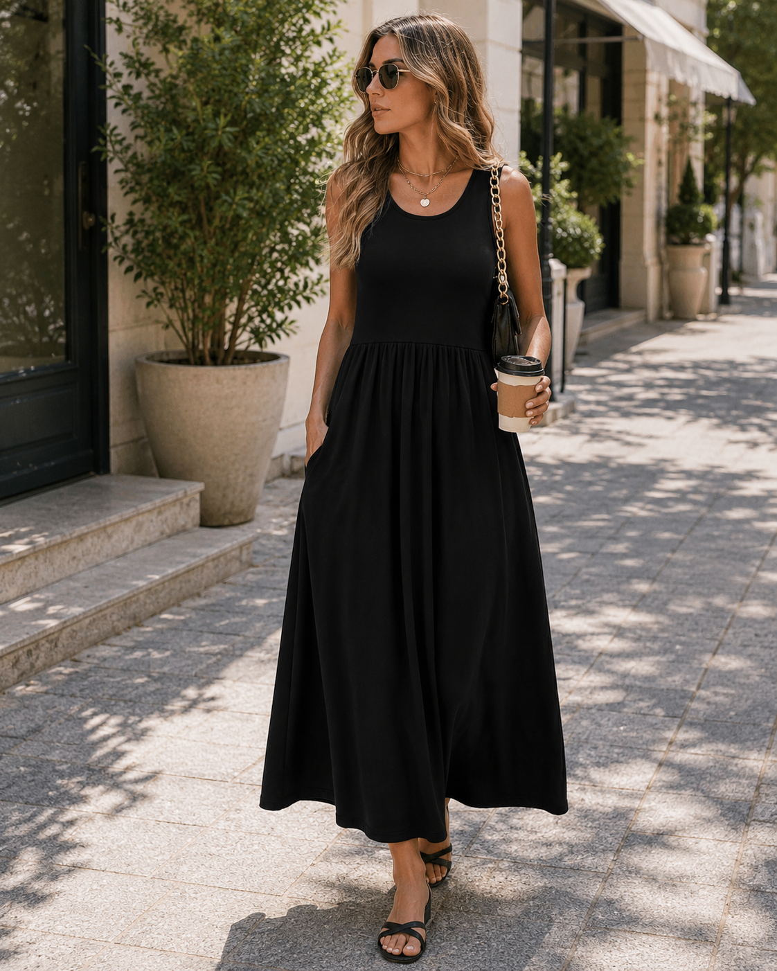 Lina Damenkleid – Maxikleid mit Blumenmuster, Boho-Stil, Rundhalsausschnitt, Ärmellos, Taschen, Sommer