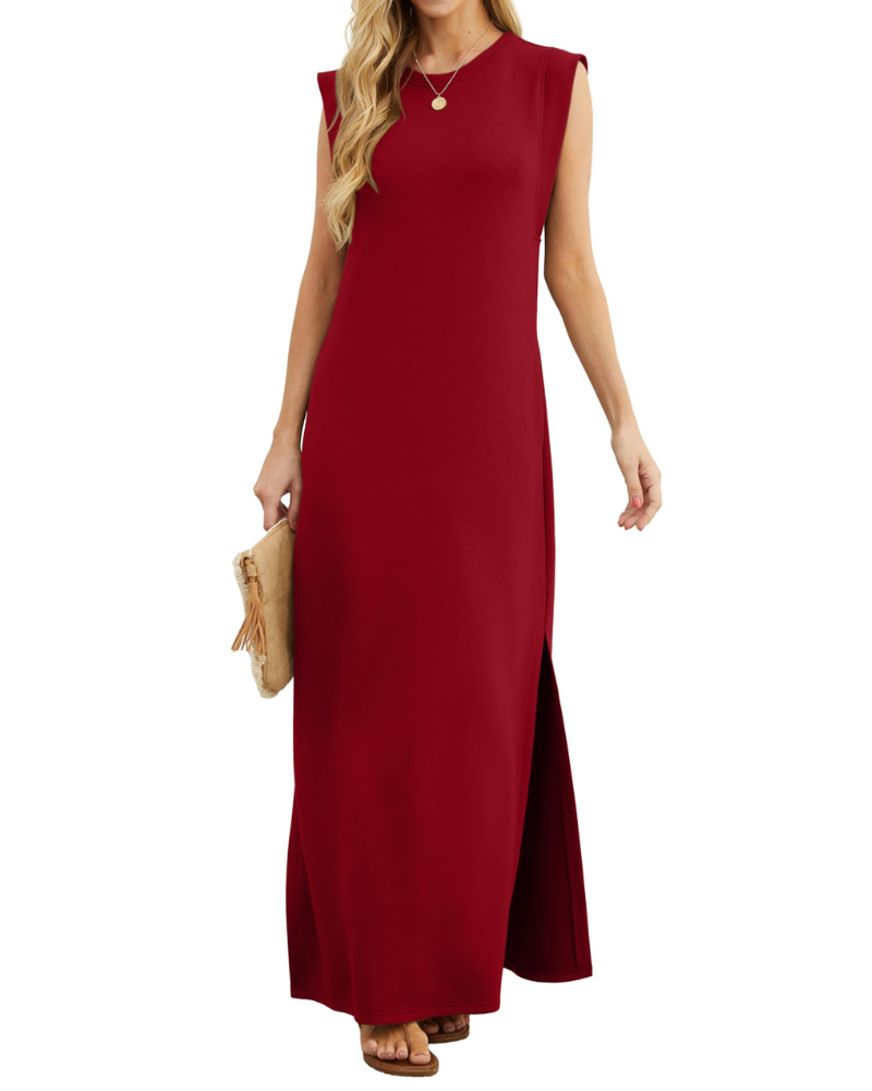 Vestito lungo estivo da donna Erin – senza maniche, collo tondo, spacco e tasche