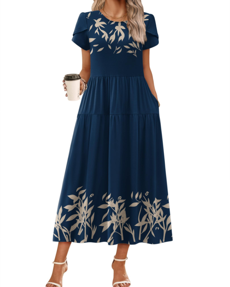 Nélyane Robe Maxi Femme – Robe Fluide Trapèze à Taille Haute avec Poches