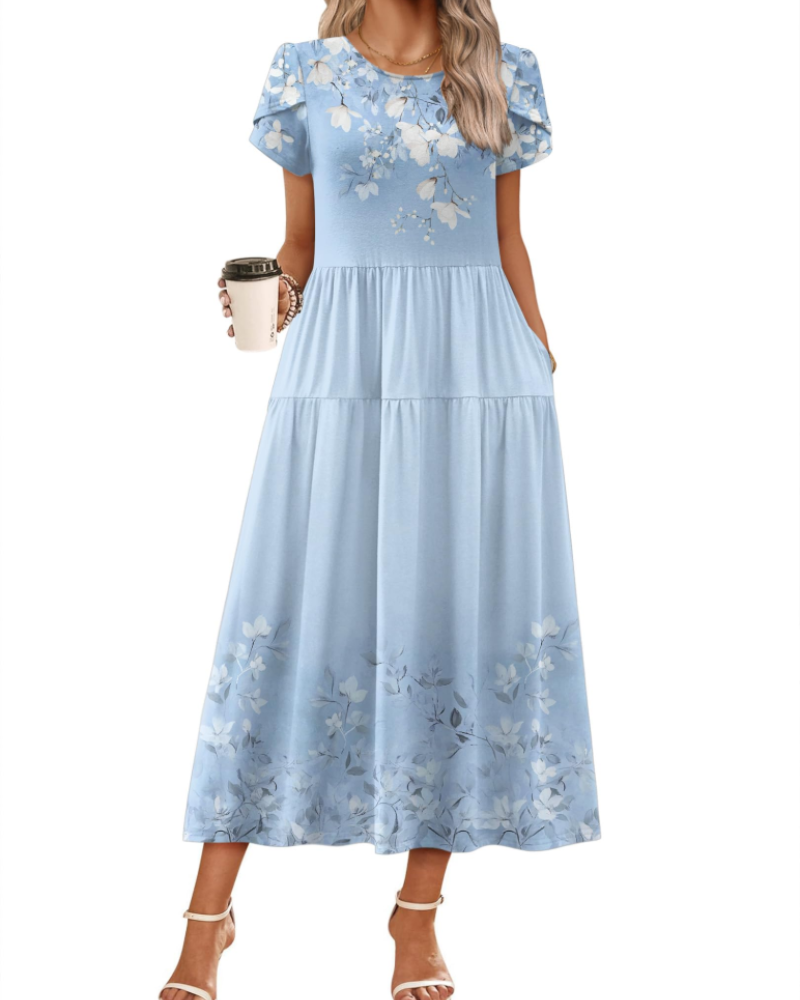 Nélyane Robe Maxi Femme – Robe Fluide Trapèze à Taille Haute avec Poches