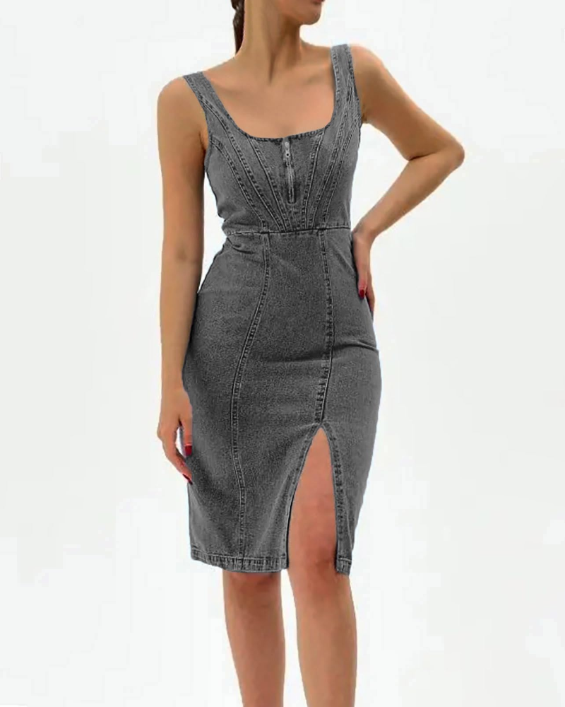 Vestido Midi Justo Maisie para Mulher em Ganga – Alças Ajustáveis e Fenda