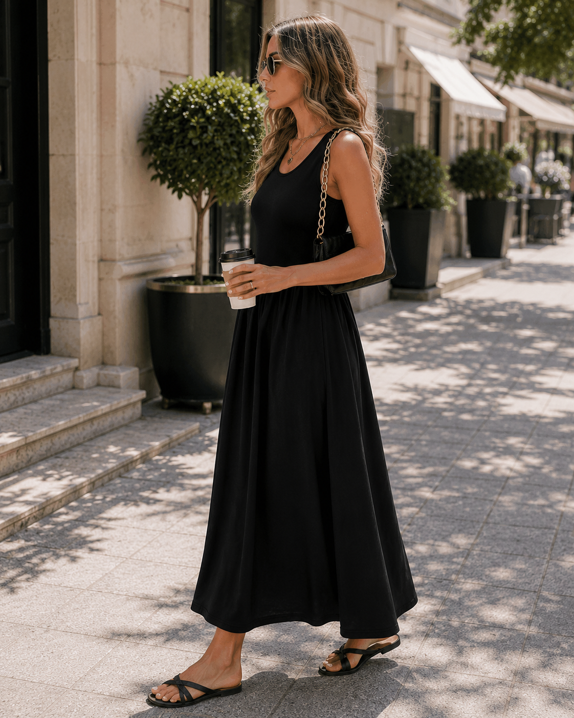 Lina Damenkleid – Maxikleid mit Blumenmuster, Boho-Stil, Rundhalsausschnitt, Ärmellos, Taschen, Sommer