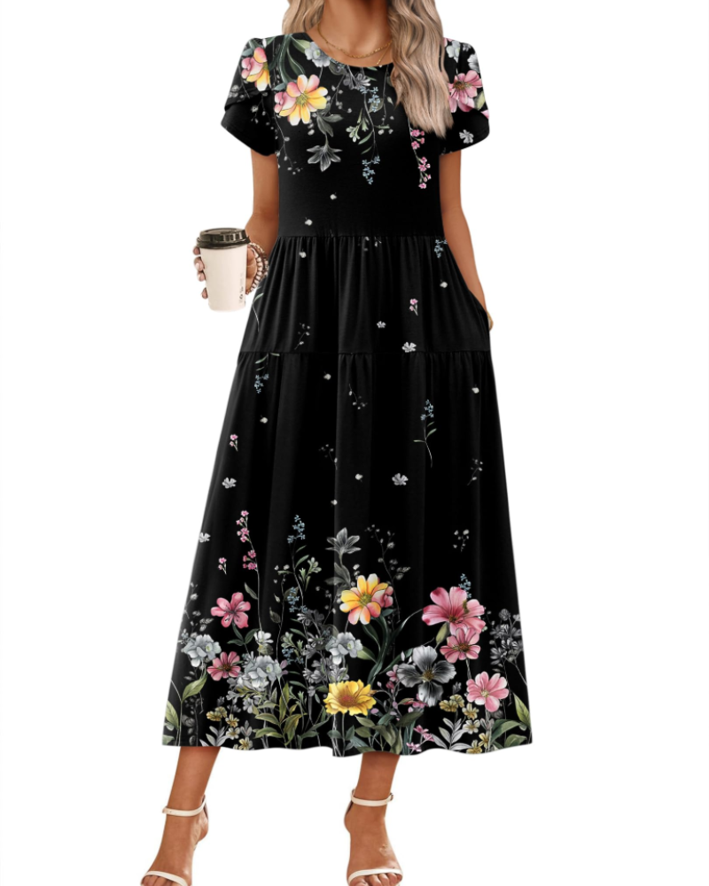 Nélyane Robe Maxi Femme – Robe Fluide Trapèze à Taille Haute avec Poches