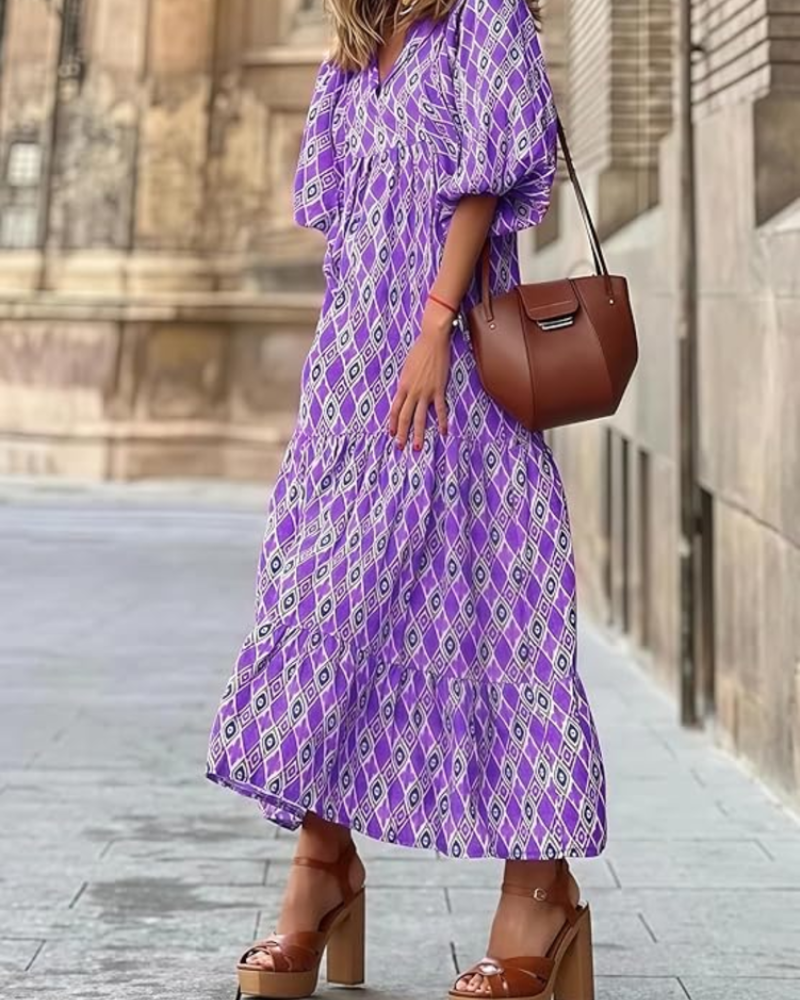 Ρόμπα Rina Boho Femme – Φλοράλ Σχέδιο, V Λαιμόκοψη & Αέρινες Φουσκωτές Μανίκες Καλοκαίρι