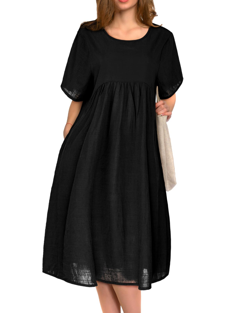 Elowen Midikleid für Damen aus Baumwolle – lockerer plissierter Schnitt, kurze Ärmel mit Taschen