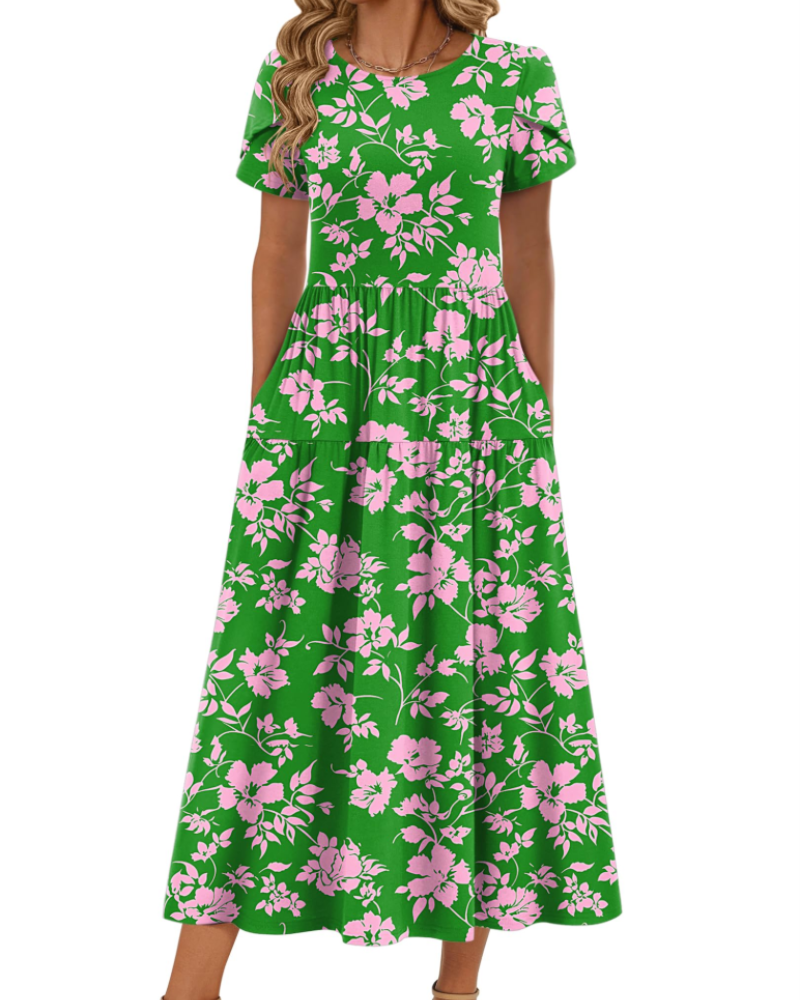 Nélyane Robe Maxi Femme – Robe Fluide Trapèze à Taille Haute avec Poches