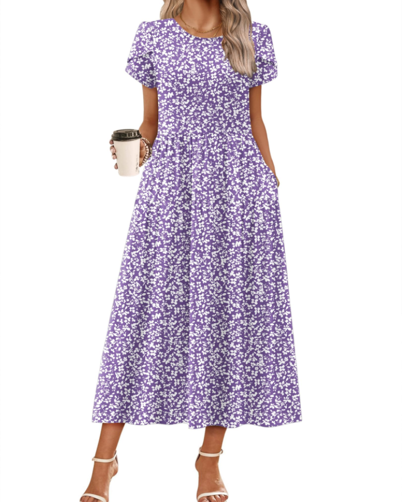 Nélyane Robe Maxi Femme – Robe Fluide Trapèze à Taille Haute avec Poches