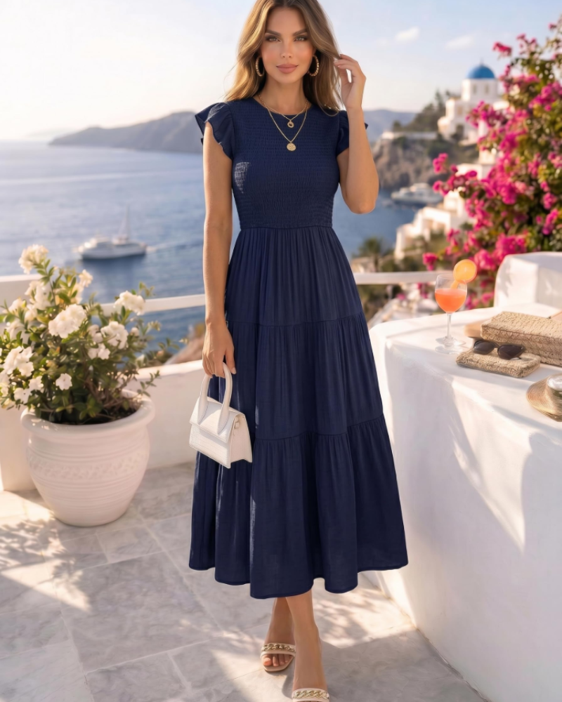 Dámský midi župan Gemma na léto – pružný pas, volánové rukávy