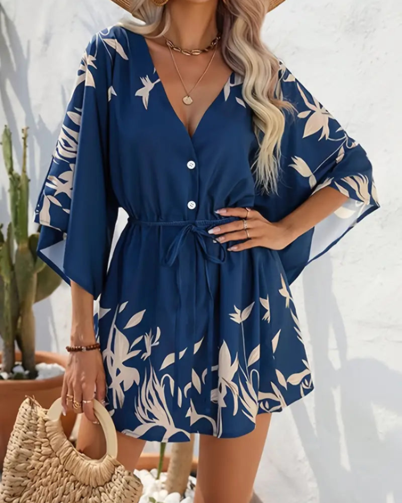 Rochie scurtă Rina pentru femei – rochie cu flori, decolteu în V, mâneci lungi și stil lejer