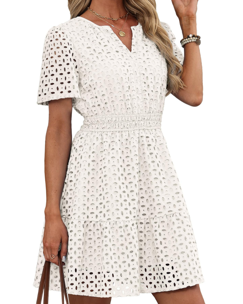 Robe Hedwig Mulher – Decote em V com Renda Bordada, Mangas Curtas & Corte Mini Cintura Alta Verão