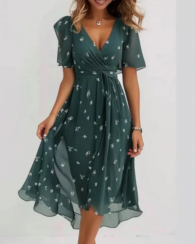 Vernelia Midikleid Damen – Blumige Chiffonkleid mit V-Ausschnitt, A-Linien-Schnitt & Eleganz