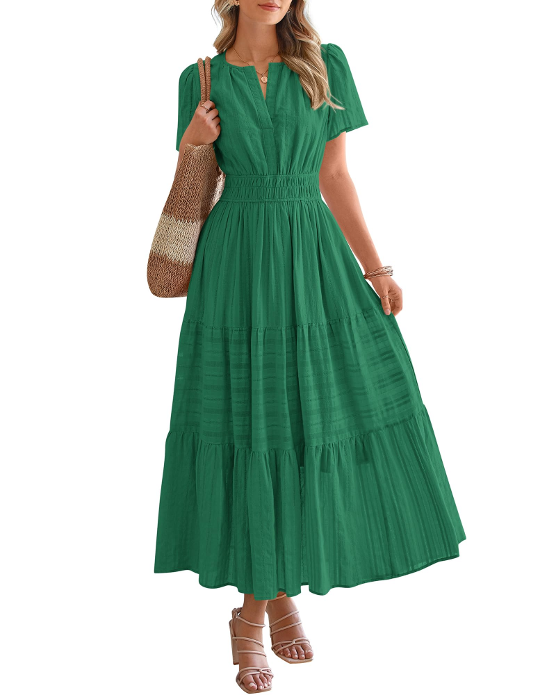 Eliza Women's Dress – Bohemian Maxi Dress with V-Neck, Short Sleeves, Elastic Waist, Flowing Fabric, Pockets
