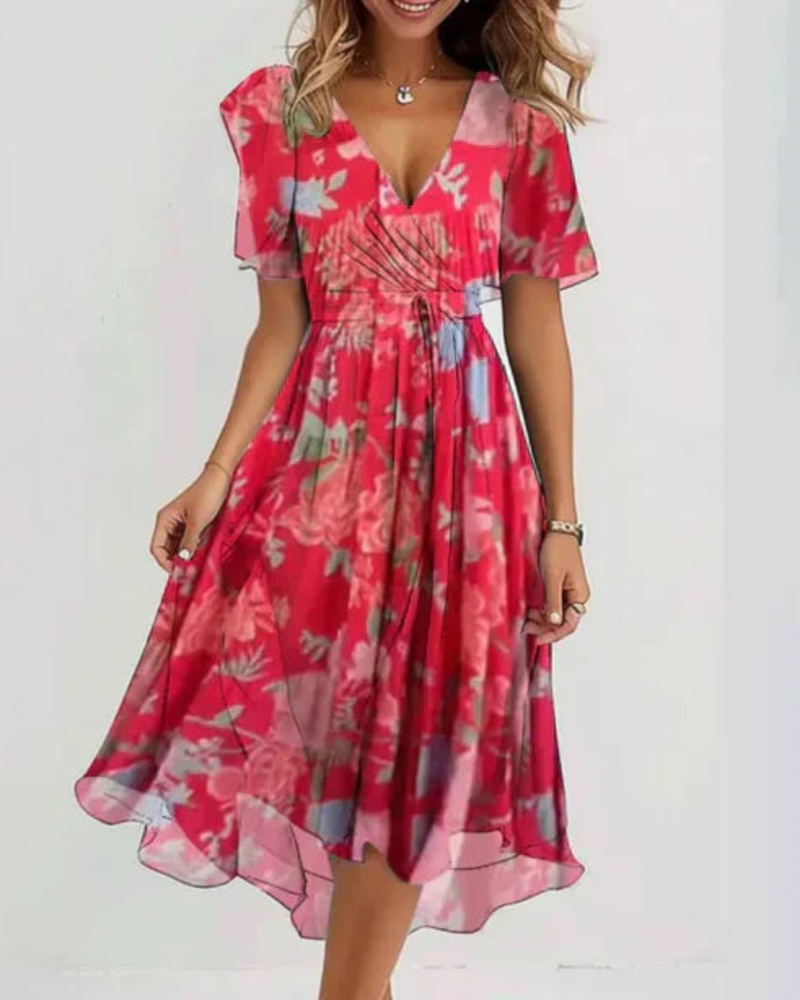 Vernelia Midikleid Damen – Blumige Chiffonkleid mit V-Ausschnitt, A-Linien-Schnitt & Eleganz