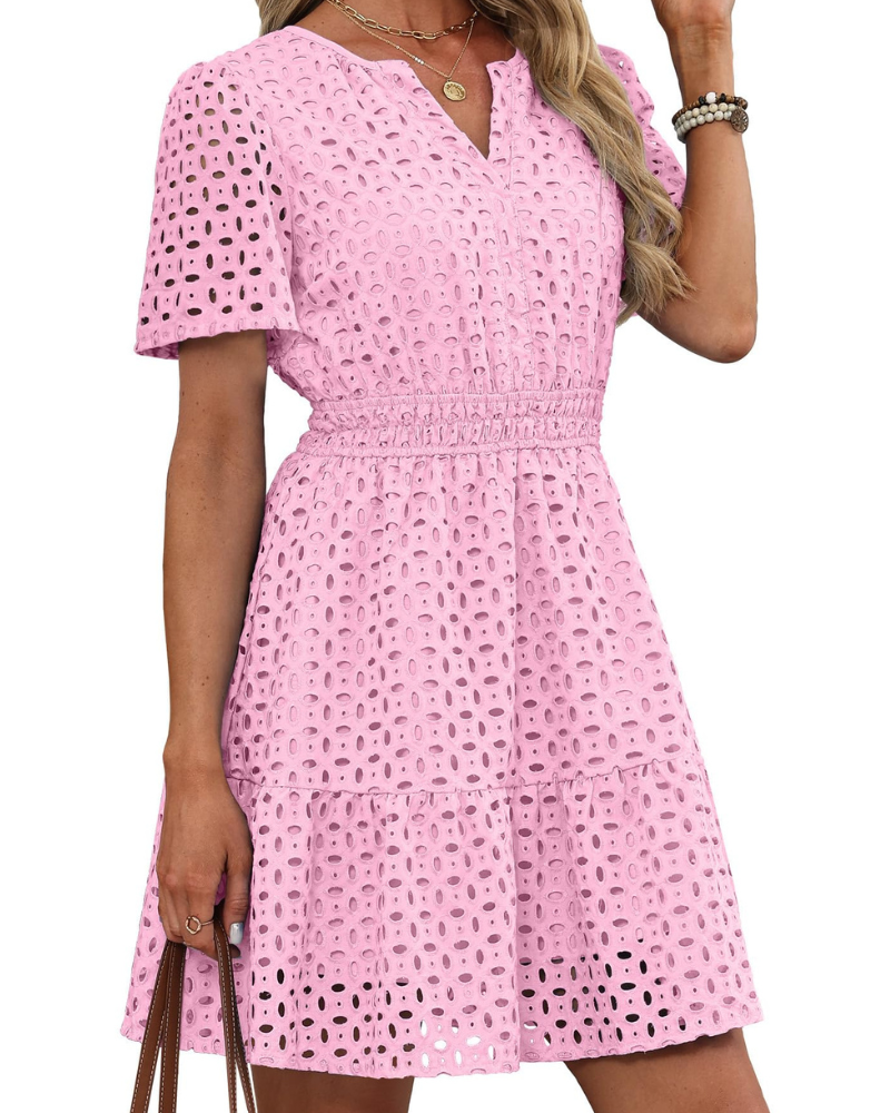 Robe Hedwig Mulher – Decote em V com Renda Bordada, Mangas Curtas & Corte Mini Cintura Alta Verão