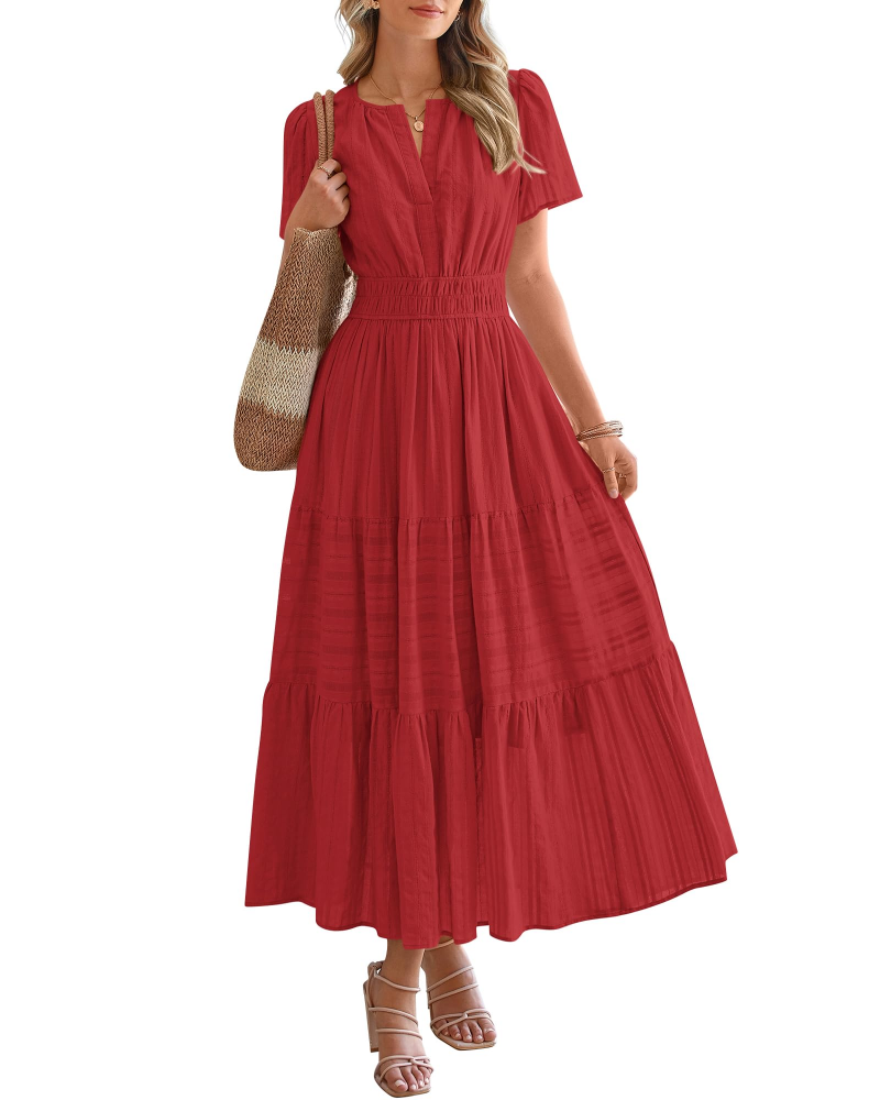 Eliza Women's Dress – Bohemian Maxi Dress with V-Neck, Short Sleeves, Elastic Waist, Flowing Fabric, Pockets
