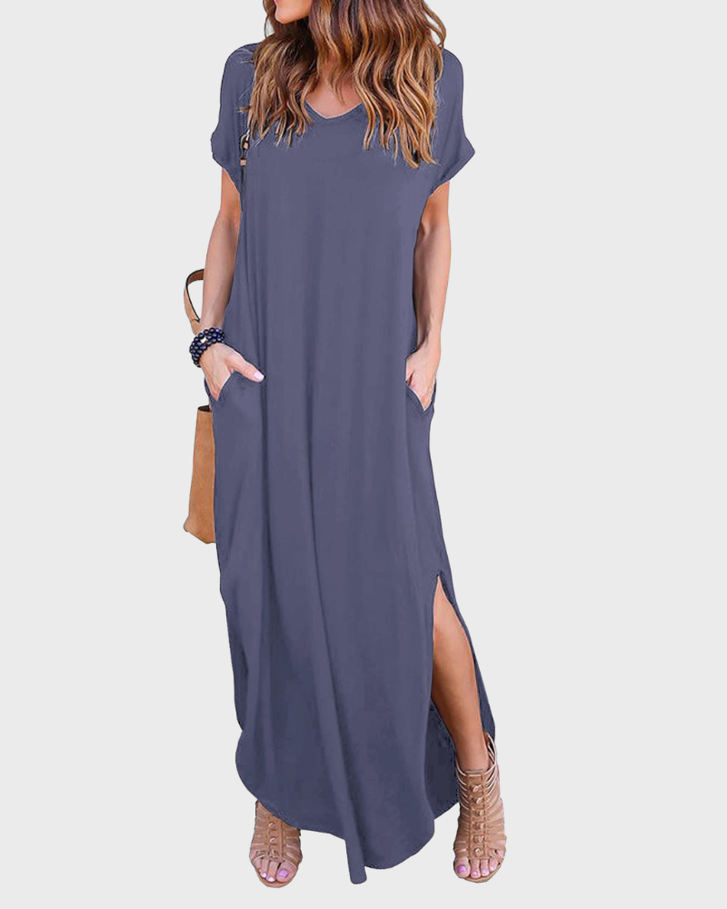 Rosenda Damen Maxikleid – V-Ausschnitt, Kurzarm, Fließender Schnitt & Schlitz mit Taschen Sommer