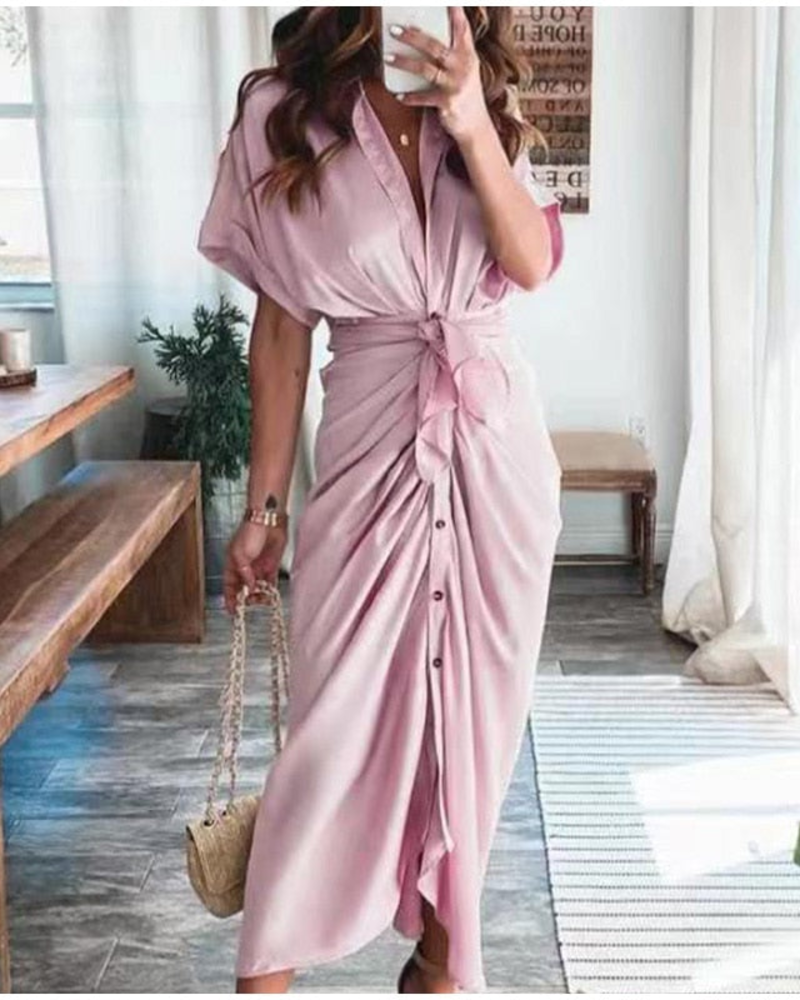 Mona Maxi saténové šaty pro ženy – překládané šaty s rozparkem a večerní elegancí