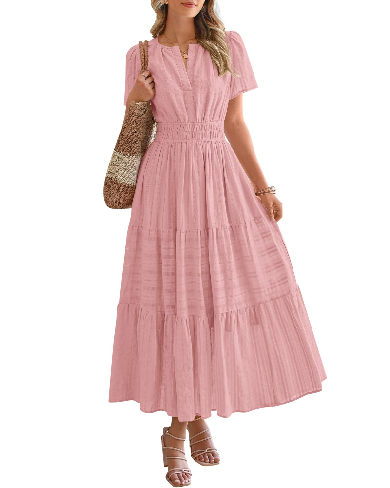 Eliza Women's Dress – Bohemian Maxi Dress with V-Neck, Short Sleeves, Elastic Waist, Flowing Fabric, Pockets
