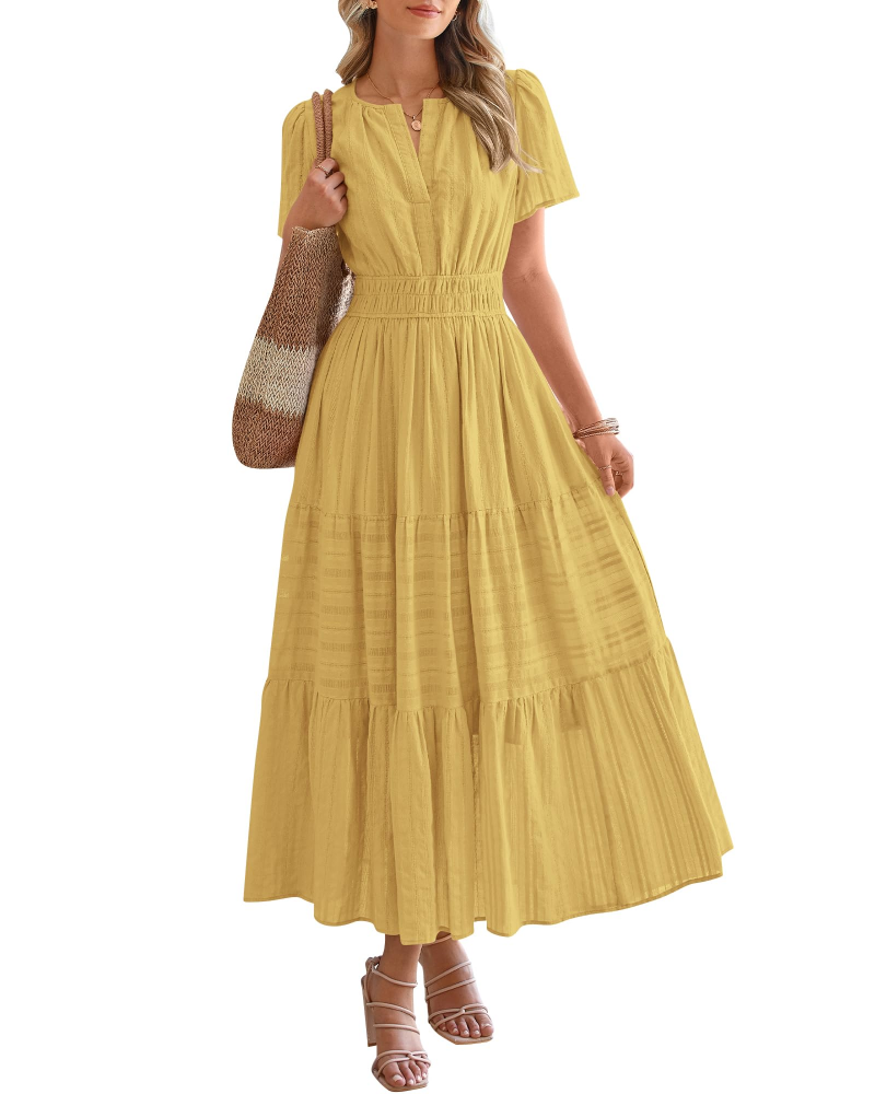 Eliza Women's Dress – Bohemian Maxi Dress with V-Neck, Short Sleeves, Elastic Waist, Flowing Fabric, Pockets
