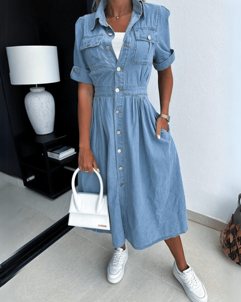 Vestido Midi Feminino Krista Denim – Vestido de Ganga com Botões, Mangas Curtas e Corte Descontraído