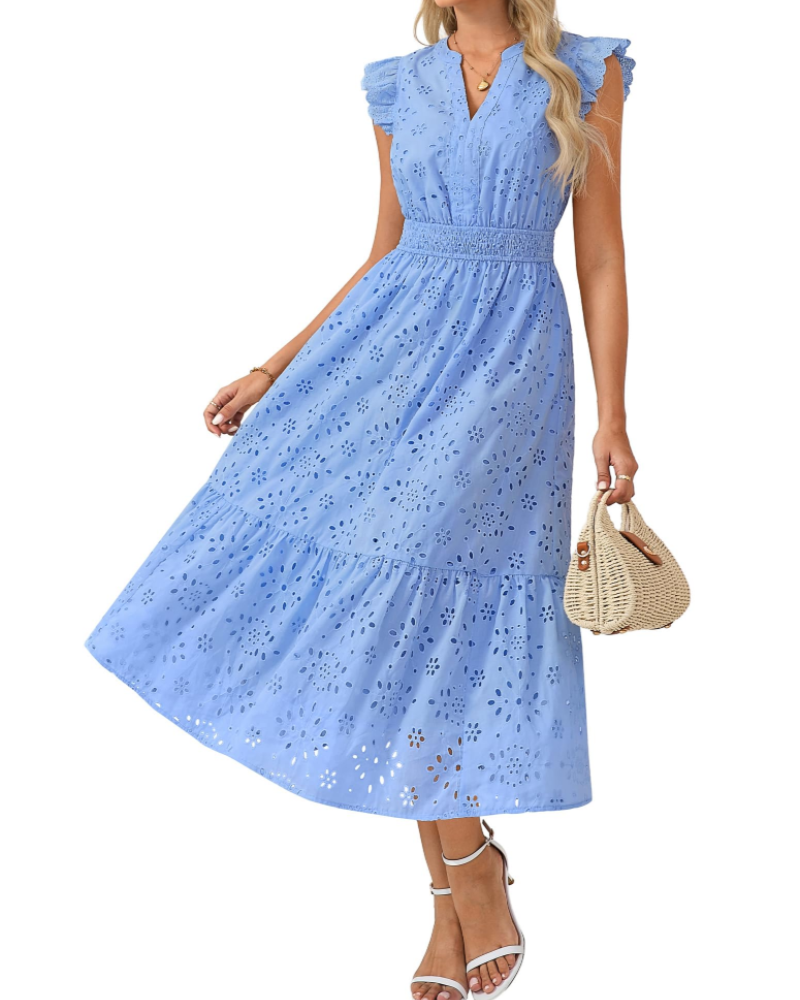 Vestido Midi Fella para Mulher – Vestido com Decote em V Henley, Mangas Bufantes e Cintura Fruncida