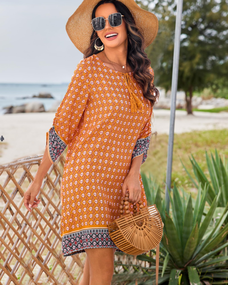 Cella Robe Bohème Femme – сукня-туніка з квітковим принтом, V-подібний виріз, рукави 3/4 та вільний крій