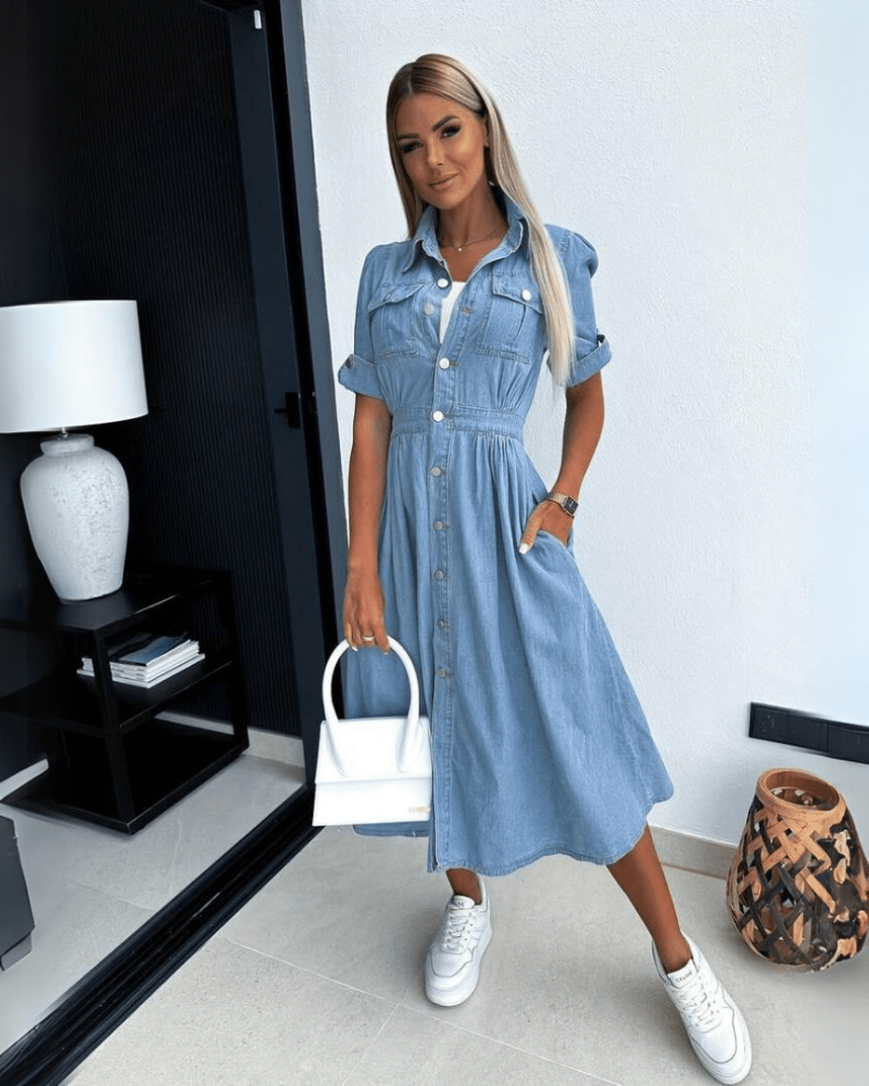 Vestido Midi Feminino Krista Denim – Vestido de Ganga com Botões, Mangas Curtas e Corte Descontraído
