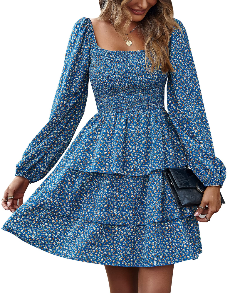 Léa Damesjurk – Boheemse Mini Jurk met Vierkante Hals, Smock Taille, Lange Mouwen en Volants