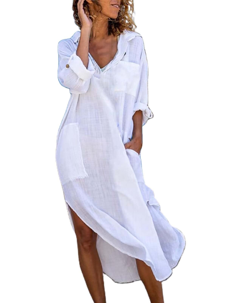 Genesa női köntös – hosszú gombos pamut-len ruha, bő szabású és laza stílusú