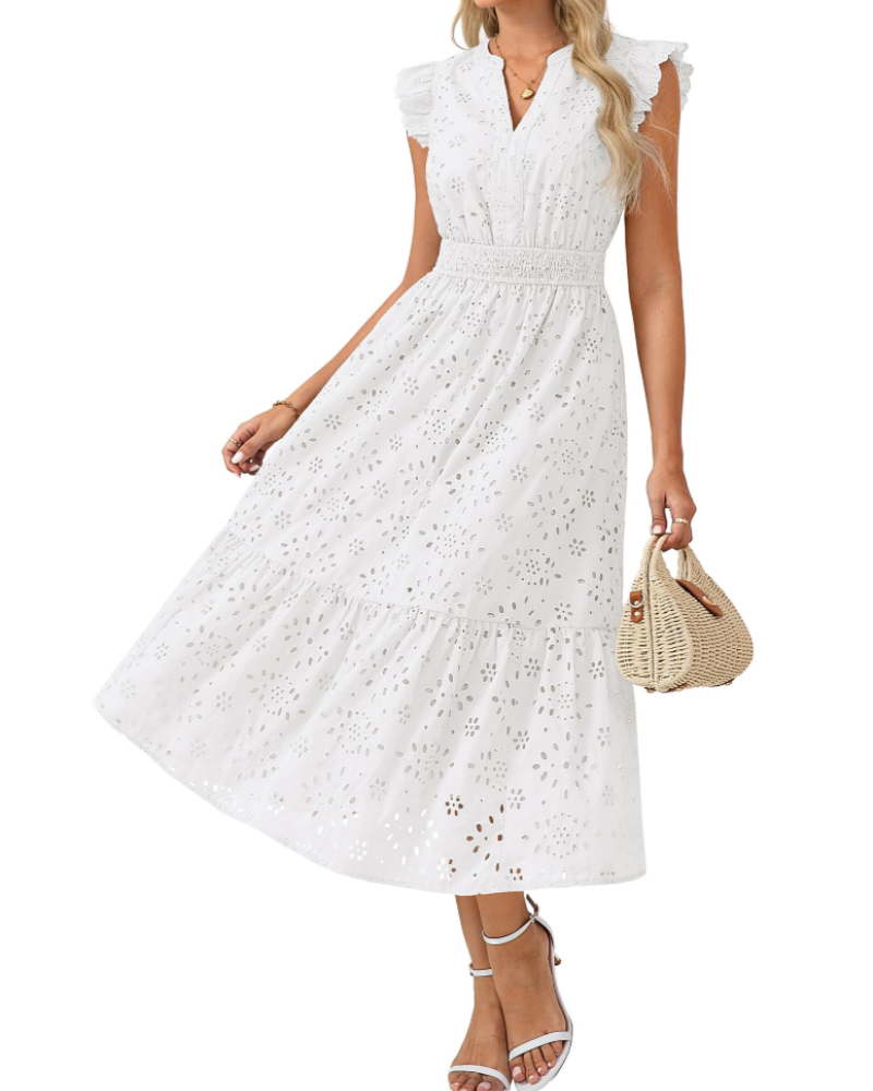 Vestido Midi Fella para Mulher – Vestido com Decote em V Henley, Mangas Bufantes e Cintura Fruncida