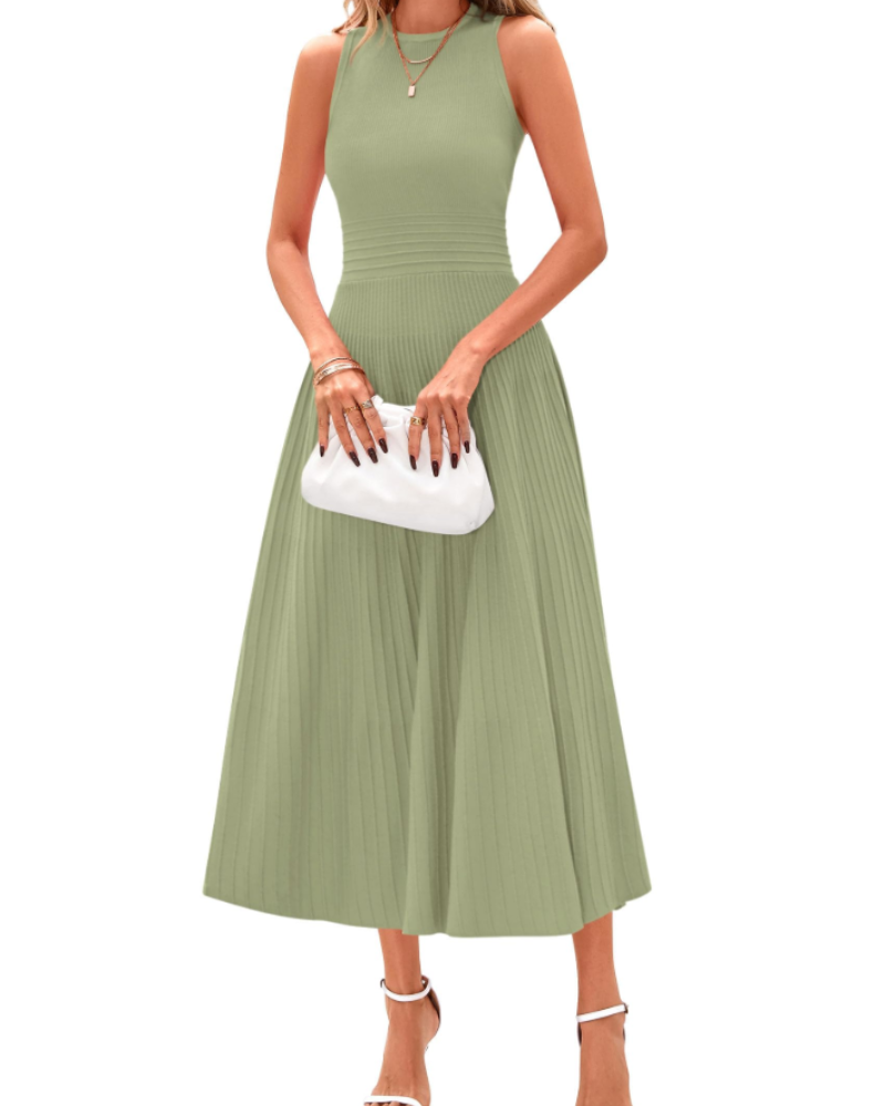 Blare Abito Donna – Abito Midi A-Line Plissettato Senza Maniche Vita Alta Elegante Ufficio