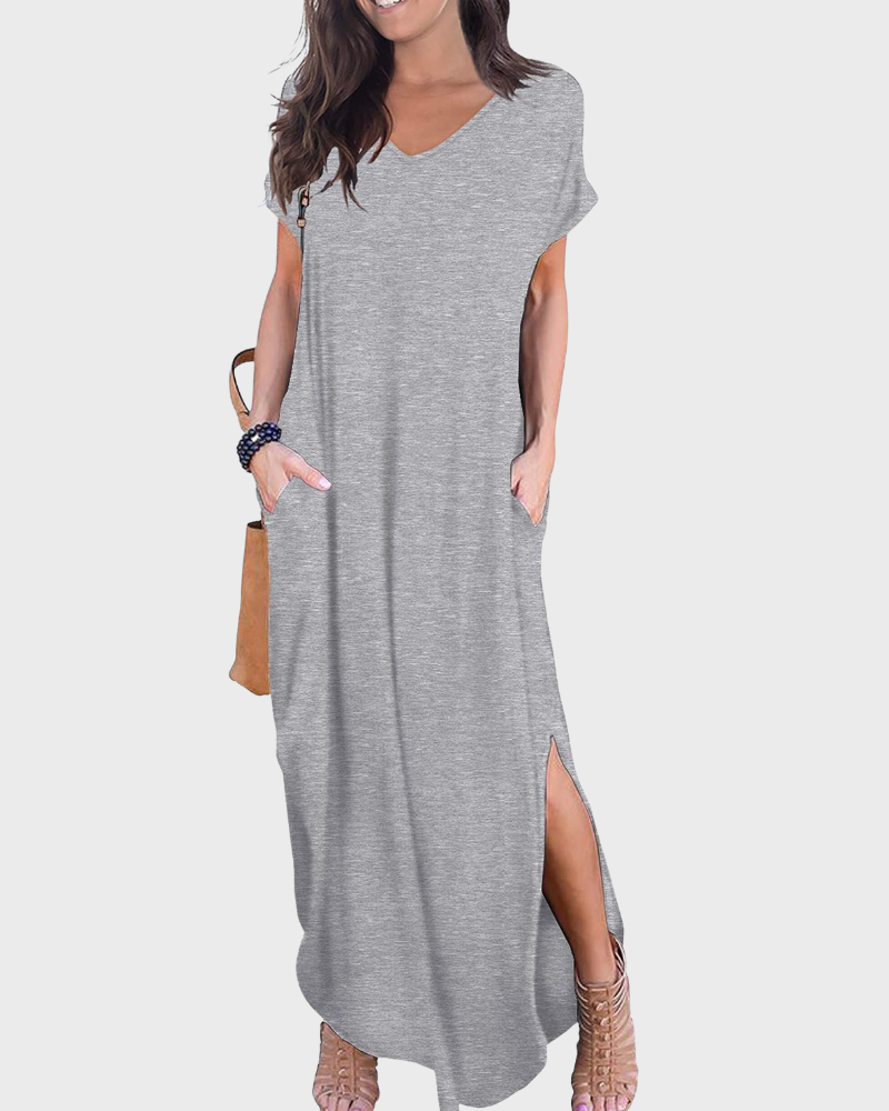 Rosenda Damen Maxikleid – V-Ausschnitt, Kurzarm, Fließender Schnitt & Schlitz mit Taschen Sommer