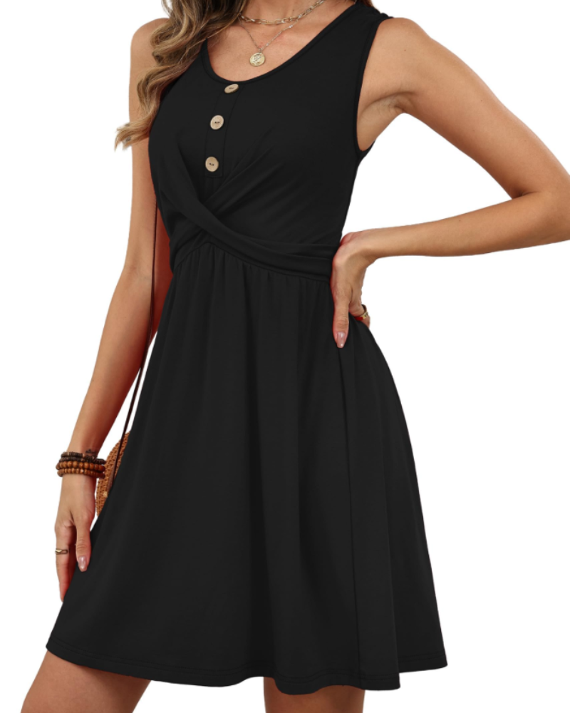 Cloie Abito Donna – Abito Estivo Senza Maniche Collo a V Vita Alta Bottoni Taglio Fluido Chic