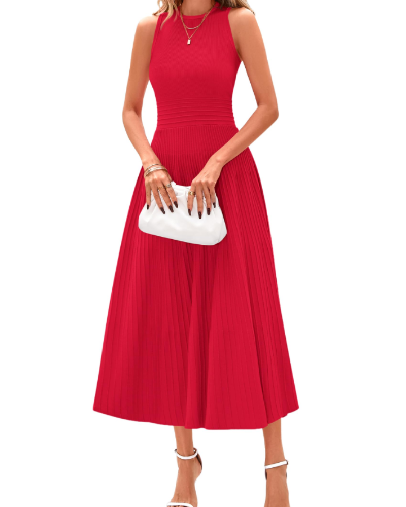 Blare Abito Donna – Abito Midi A-Line Plissettato Senza Maniche Vita Alta Elegante Ufficio