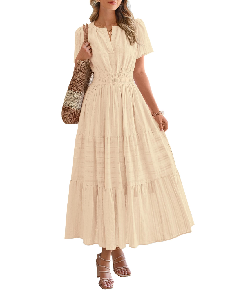 Eliza Women's Dress – Bohemian Maxi Dress with V-Neck, Short Sleeves, Elastic Waist, Flowing Fabric, Pockets