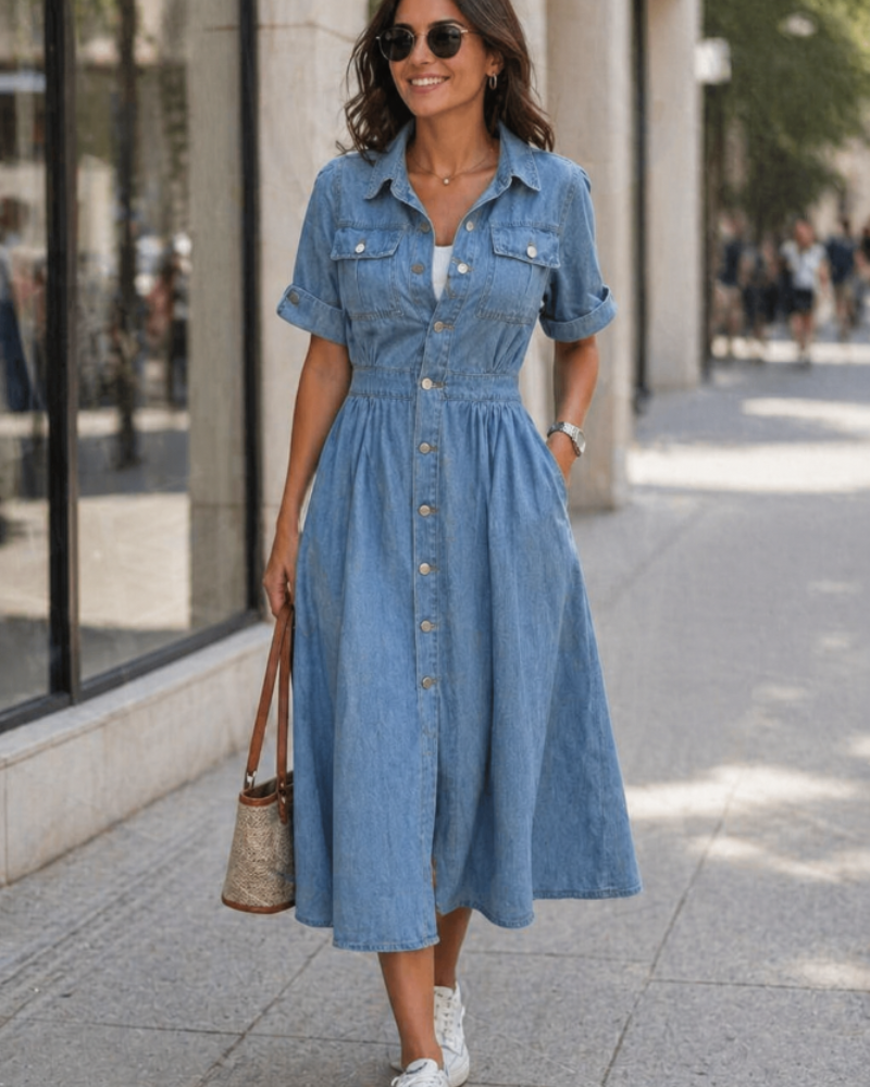 Vestido Midi Feminino Krista Denim – Vestido de Ganga com Botões, Mangas Curtas e Corte Descontraído