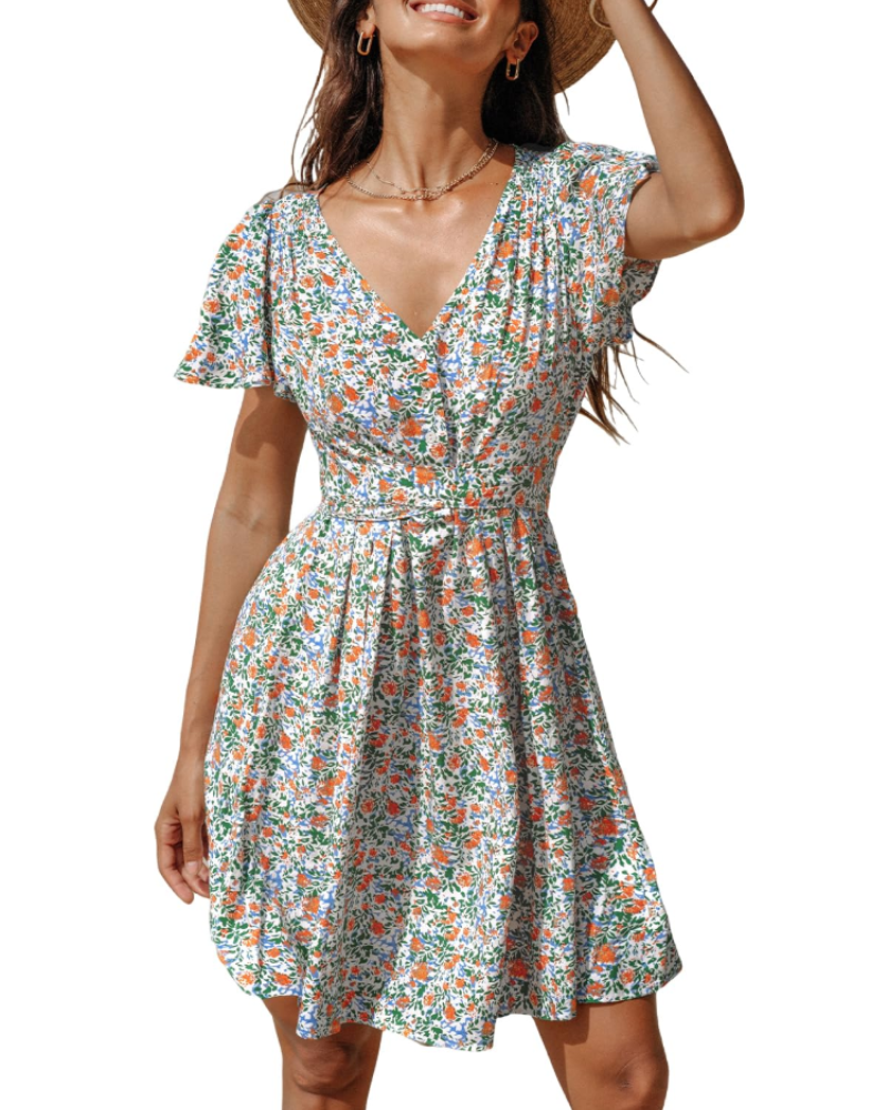 Della Robe Midi Donna – Abito Floreale con Scollo a V e Bottoni, Taglio A-Line e Cintura