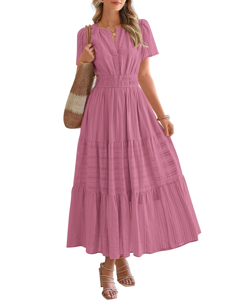 Eliza Women's Dress – Bohemian Maxi Dress with V-Neck, Short Sleeves, Elastic Waist, Flowing Fabric, Pockets
