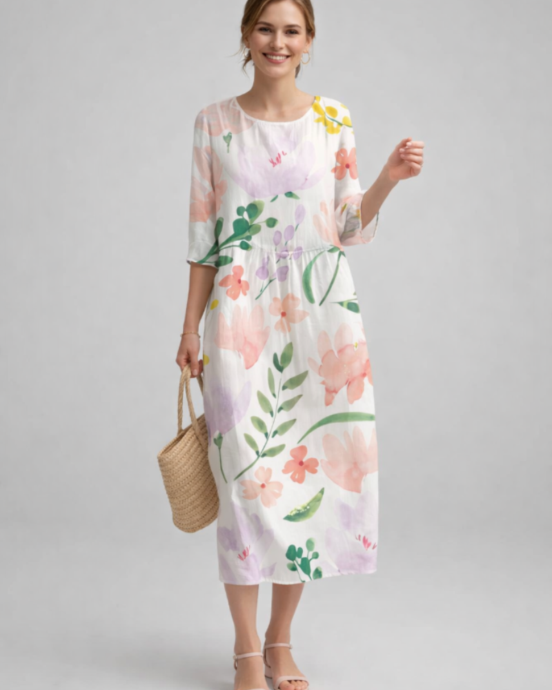 Vestido Paloma Feminino Elegante – Vestido Floral em Algodão, Corte Que Valoriza & Estilo Intemporal