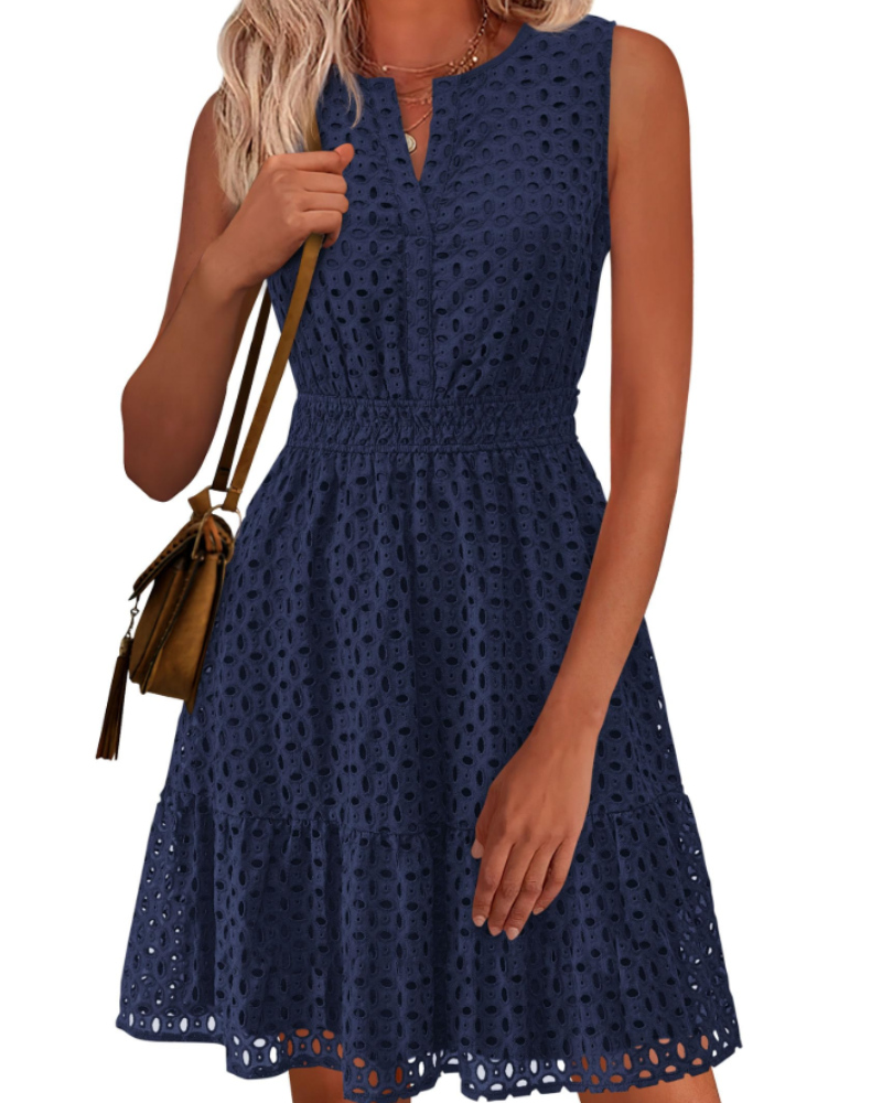 Clarisse Robe Femme – Robe Été A-Line Col V Sans Manches Broderie Anglaise Taille Élastique