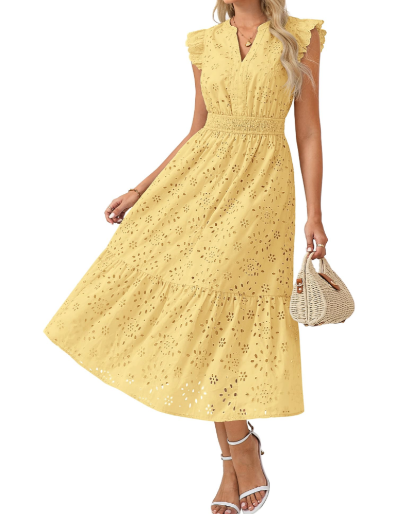 Vestido Midi Fella para Mulher – Vestido com Decote em V Henley, Mangas Bufantes e Cintura Fruncida