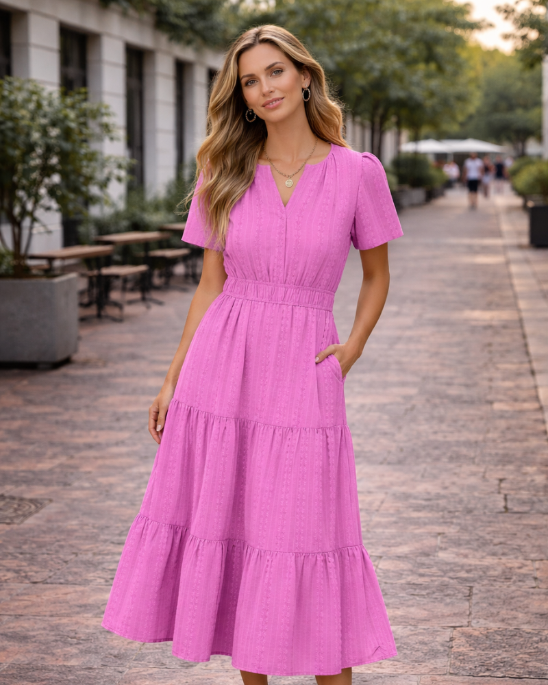 Ruma Vestito Donna – Scollo a V Maniche Corte, Taglio A-Line Maxi & Vita Elastica con Tasche